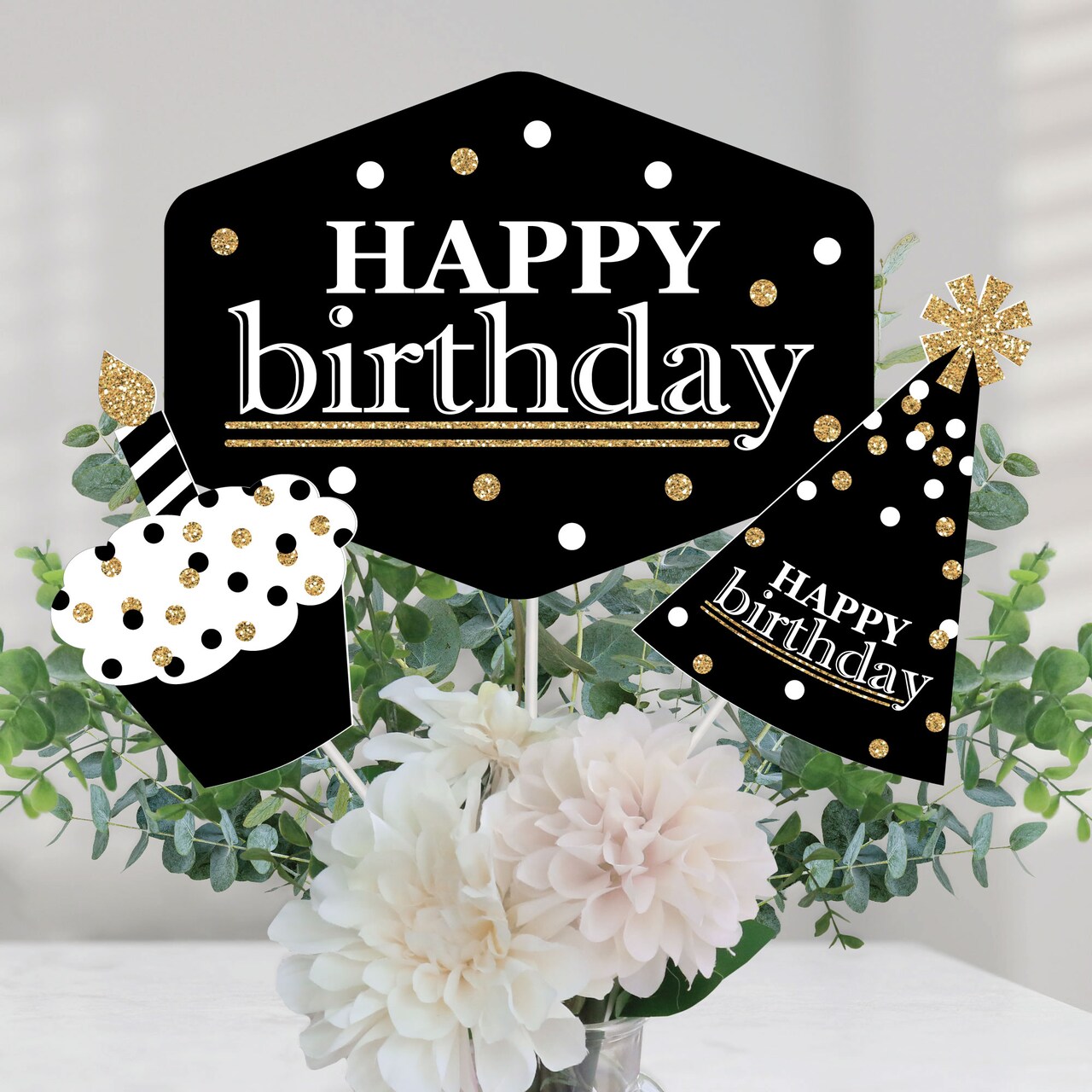 Big Dot of Happiness Adult Happy Birthday - Gold - Birthday Party Centerpiece Sticks - Table Toppers - Set of 15